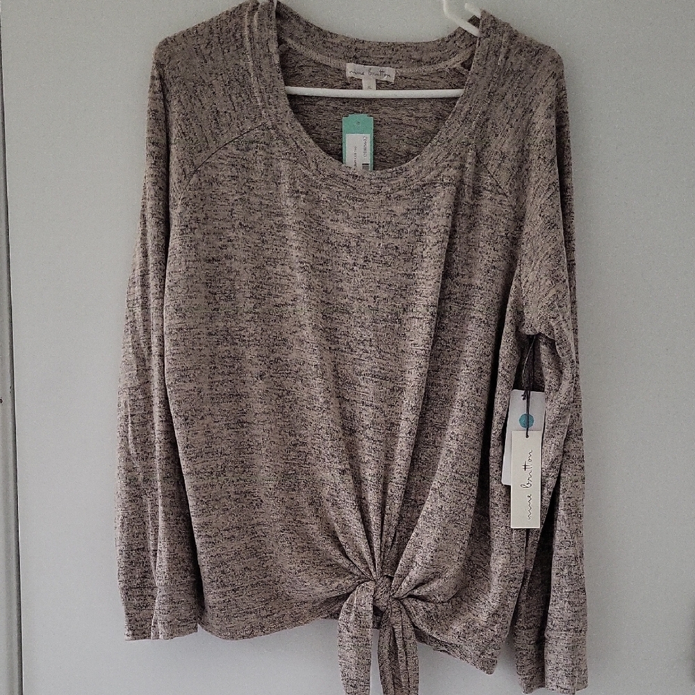 Nine Britton Heathered Long Sleeve Tie-Front Top